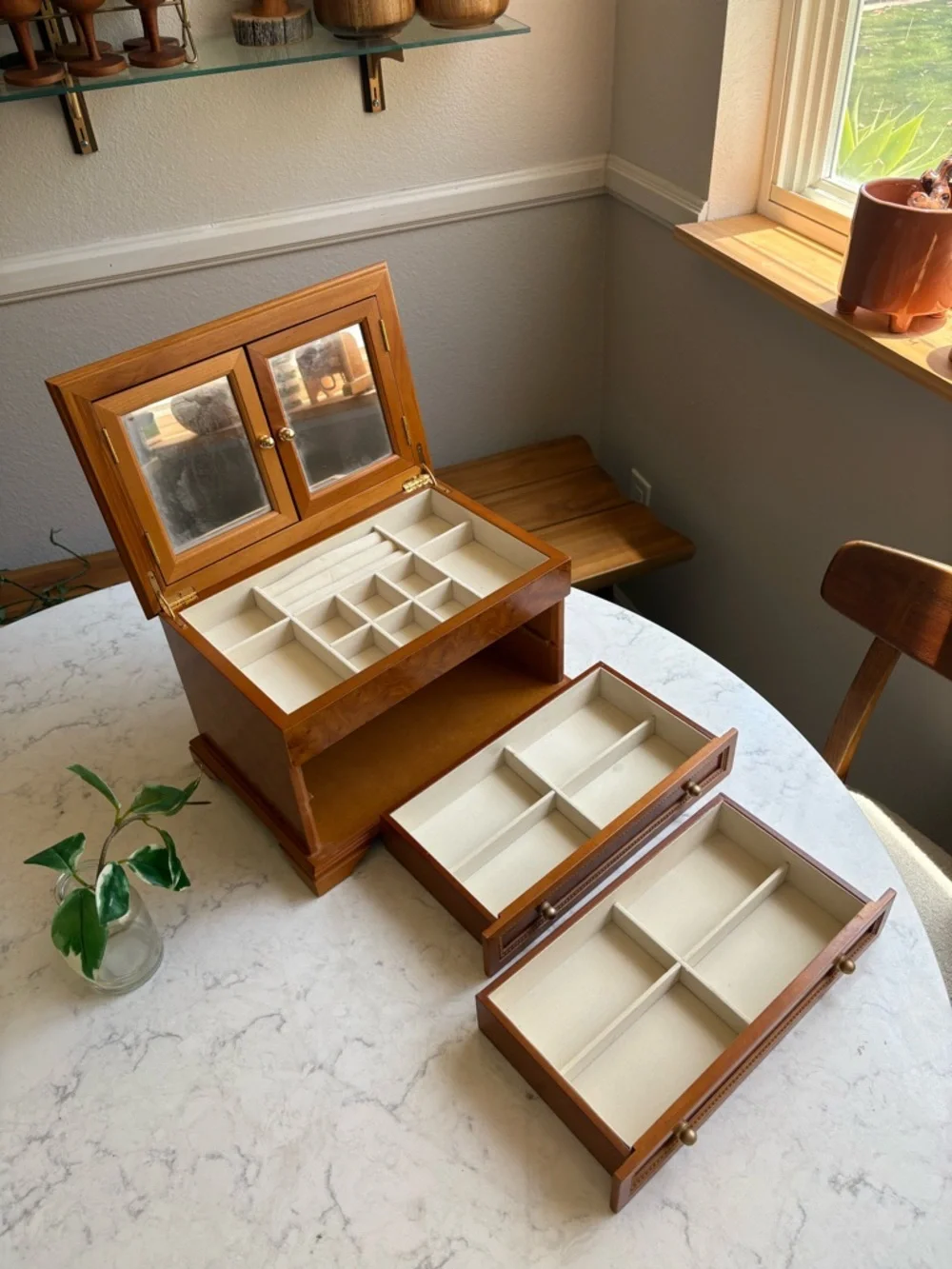Vintage Wood Jewelry Box with Two Drawers - Brown